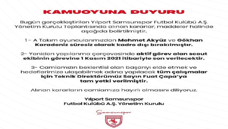 Samsunspor’da Mehmet Akyüz ve Gökhan Karadeniz süresiz kadro dışı bırakıldı!